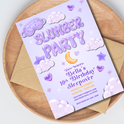 Slumber Party Glass Jelly Bubble Letters Sleepover Birthday Invitation | Editable Canva Template