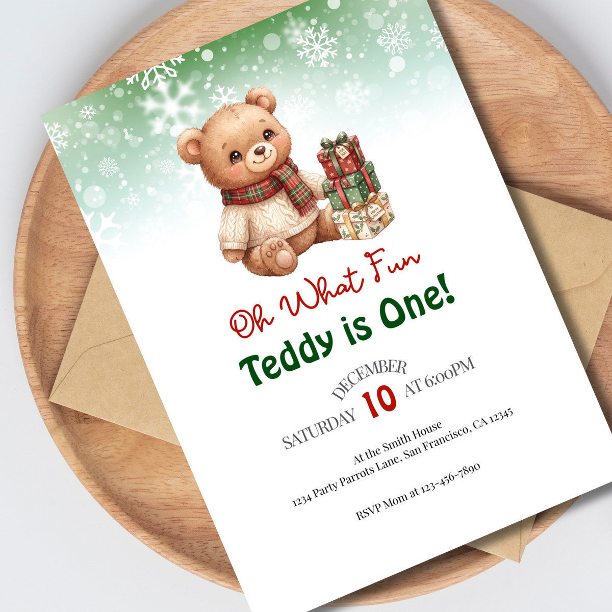 Oh What Fun, Teddy Is One! Christmas Teddy Bear First Birthday Invitation – Editable Canva Template