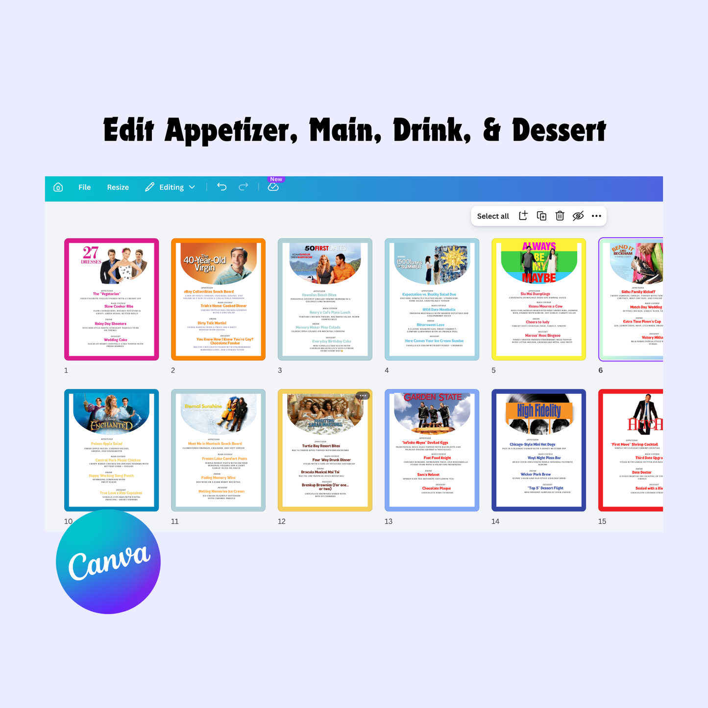 Romantic Comedy Movie Night Menus: 30+ Editable RomCom Date Night Menu Ideas (Printable Canva Template)