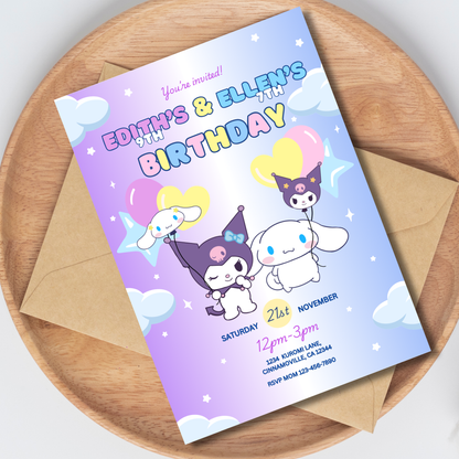 Kuromi x Cinnamoroll Birthday Invite Editable, Kawaii Sibling Invitation, 5x7