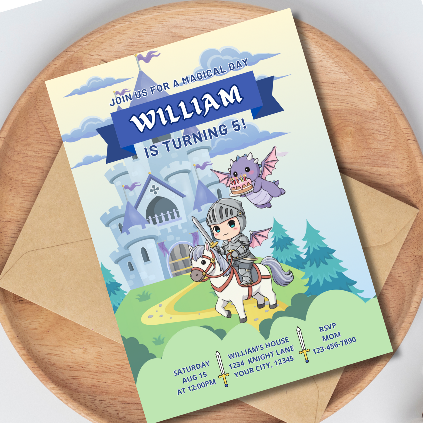 Knight Birthday Editable Invitation, Knight & Dragon Invite, Medieval Party Invite for Kids, Instant Download, 5x7
