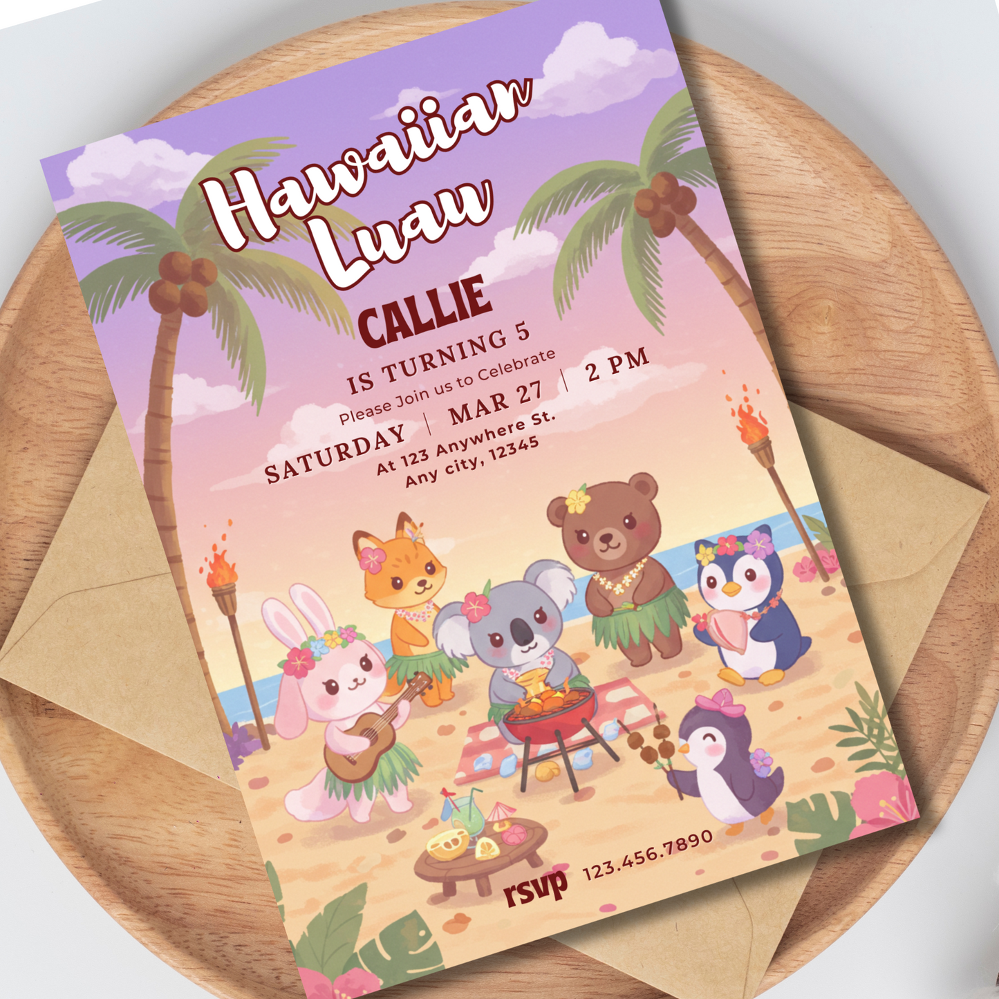Luau Editable Invitation, Kawaii Animals Birthday Invite, Cute Tropical Animal Party for Kids, Beach Party Invite Template 5x7