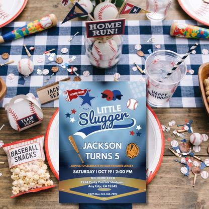 Little Slugger Baseball Birthday Invitation | Editable Canva