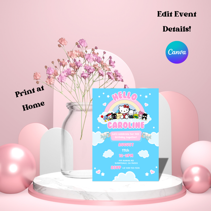 Hello Kitty Birthday Invite Editable, Printable Sanrio Invitation 5x7 Instant Download