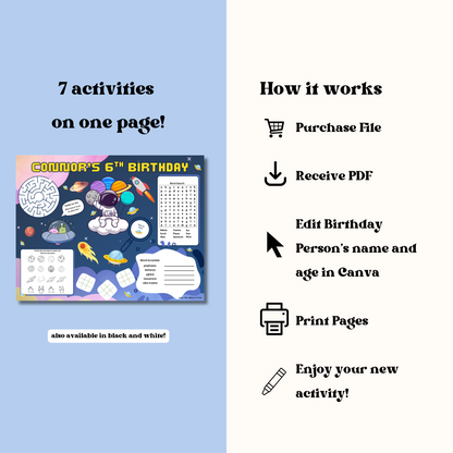 Astronaut Editable Activity Placemat, Birthday Activity Page Template in Color