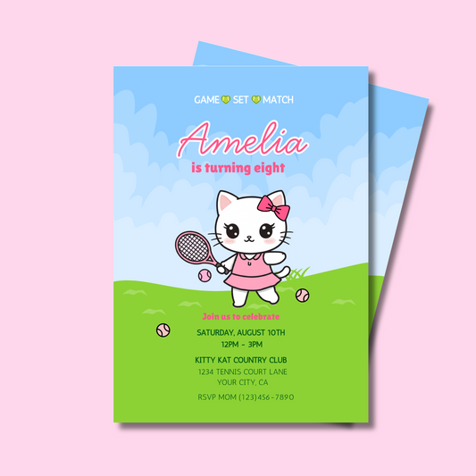 Cat Tennis Party Editable Birthday Invitation, Kawaii Kitty Tennis Invitation, Preppy Pink & Green Invite, Instant Download 5x7