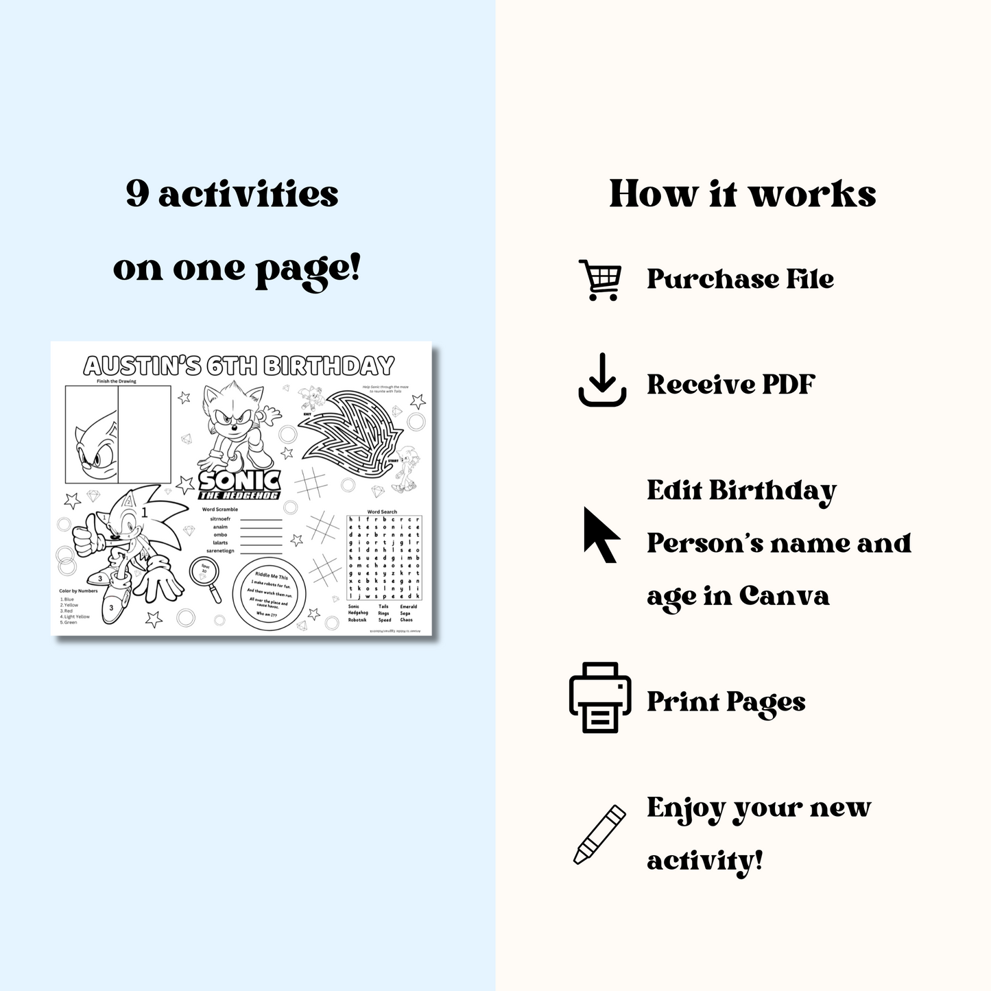 Sonic Editable Activity Placemat Template Black & White