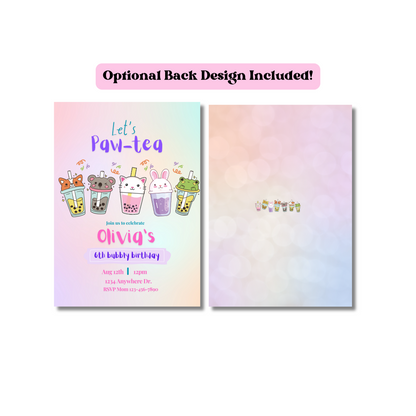 Boba Tea Birthday Invitation, Editable Bubble Tea Party Invite for Kids, Printable Paw-Tea Birthday Template, Instant Download, 5x7