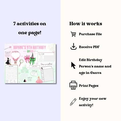 Wicked Themed Activity Placemat, Printable Wicked Party Activity, Oz Coloring Page, Broadway Birthday Party Game, Digital Download In Color
