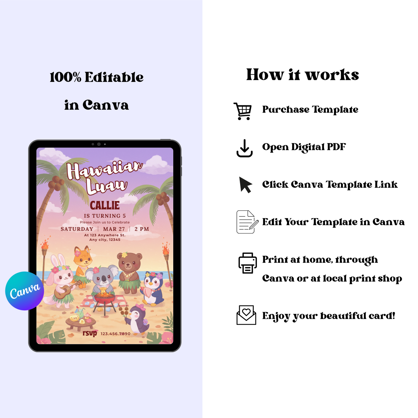Luau Editable Invitation, Kawaii Animals Birthday Invite, Cute Tropical Animal Party for Kids, Beach Party Invite Template 5x7