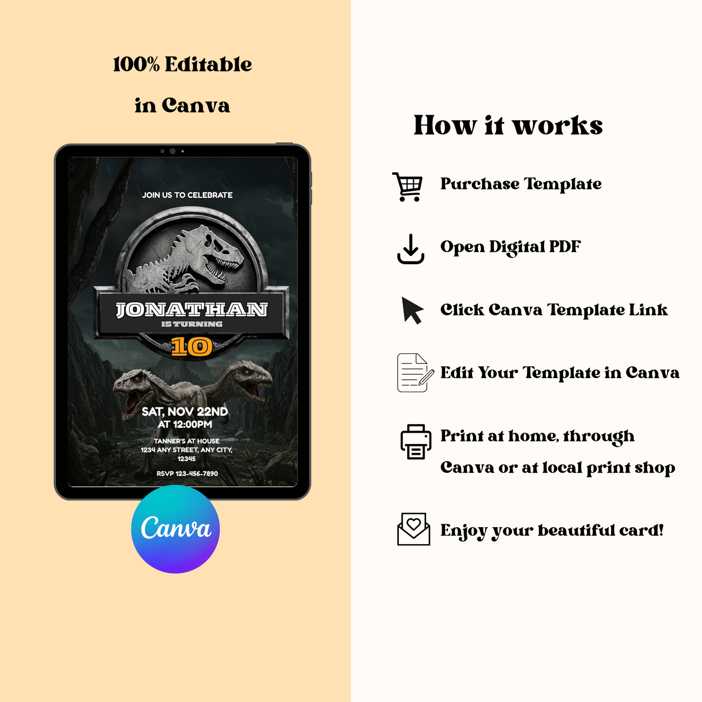 Jurassic World Dinosaur: Editable 5x7 Birthday Invite (Digital Download)