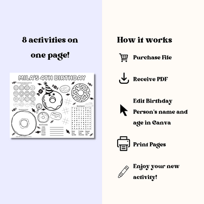 Donut Editable Activity Placemat, Cute Donut Birthday Activity Page Template Black & White