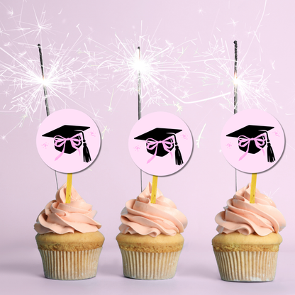Pink Coquette Graduation Cap Cupcake Toppers: Class of 2026 Graduate Cake Topper Template (Instant Download)