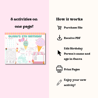 Ice Cream Activity Placemat, Printable Summer Activity Sheet, Ice Cream Party Game for Kids, Digital Download In Color
