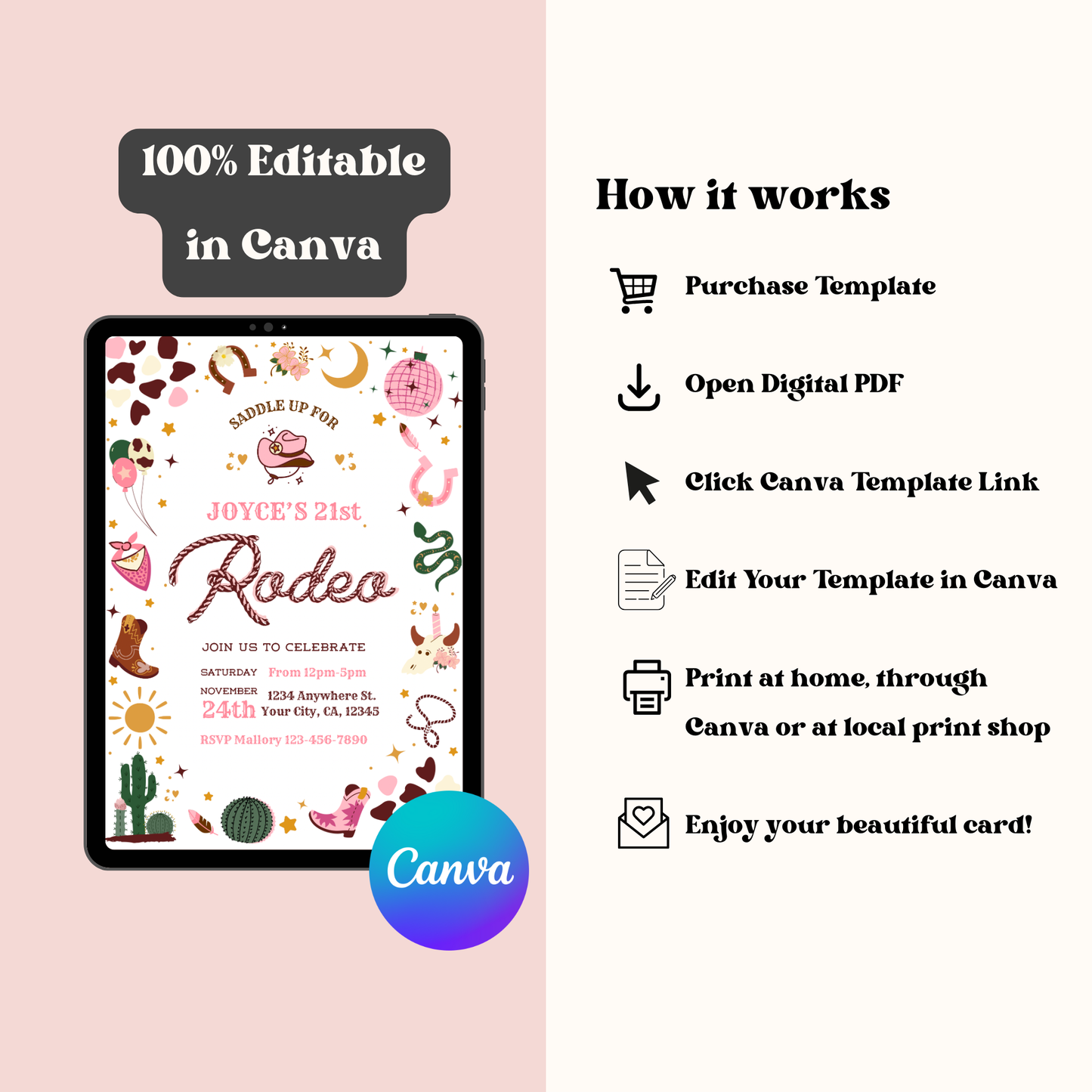 Pink Rodeo Birthday Invitation: Boho Disco Cowgirl Party, Wild Western Themed Invite (Digital Download)