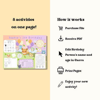 Eeveelution Activity Placemat, Printable Activity Sheet, Kawaii Poke Party Game for Kids, Digital Download In Color