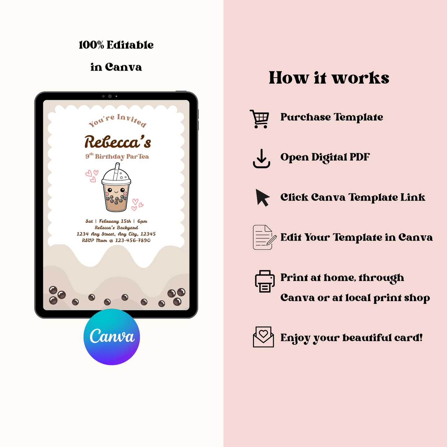 Boba Birthday Par-Tea Editable 5x7 Birthday Invite (Digital Download)