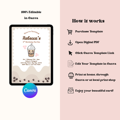 Boba Birthday Par-Tea Editable 5x7 Birthday Invite (Digital Download)