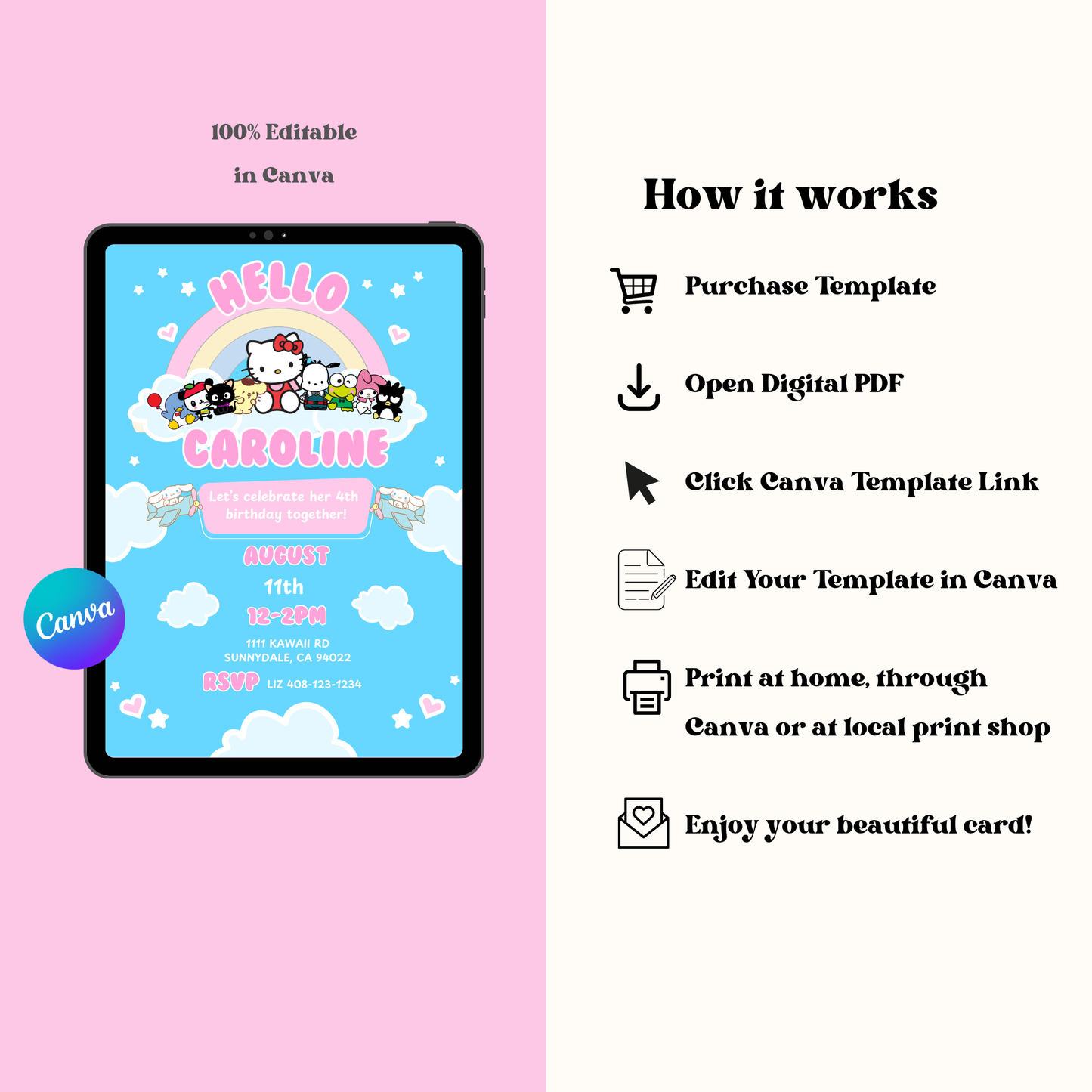 Hello Kitty Birthday Invite Editable, Printable Sanrio Invitation 5x7 Instant Download