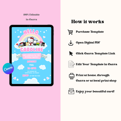 Hello Kitty Birthday Invite Editable, Printable Sanrio Invitation 5x7 Instant Download