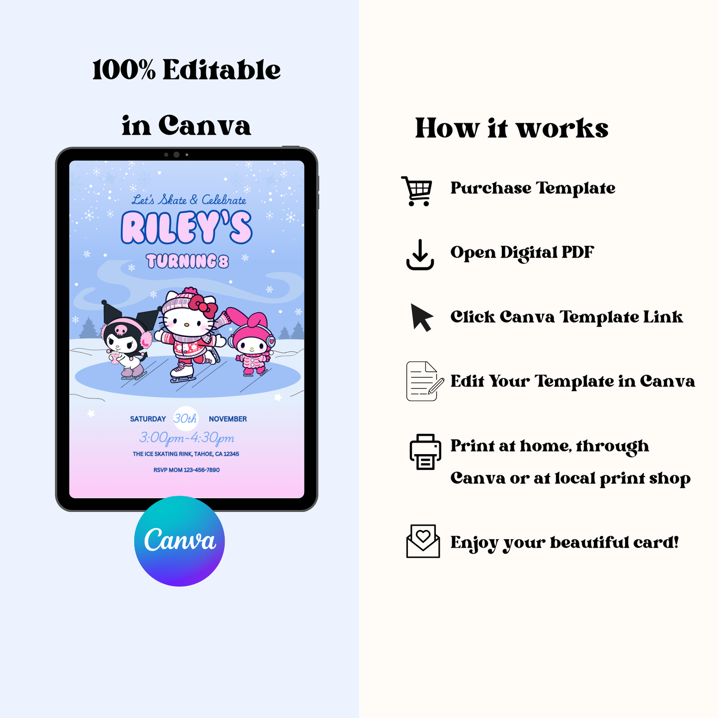 Hello Kitty Ice Skating Birthday Invitation, Editable Template, Instant Download 5x7