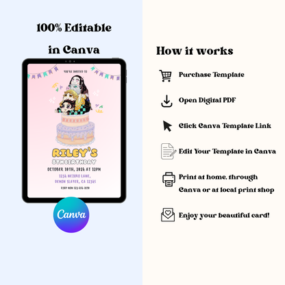 Chibi Demon Slayer: Editable 5x7 Birthday Invite (Digital Download)
