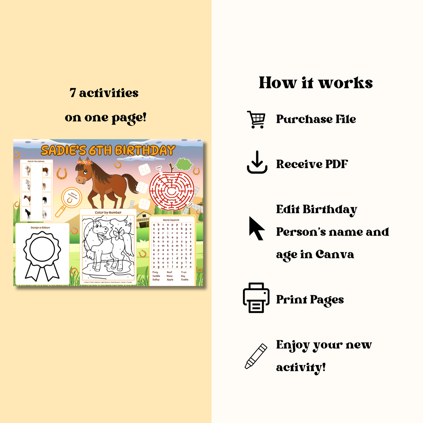 Horse Birthday Activity Placemat, Editable Pony Activity Sheet Template, Farm and Pony Games, Digital Download In Color
