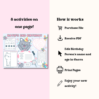 Cat Editable Activity Placemat, Kitty Cat Birthday Activity Page Template in Color
