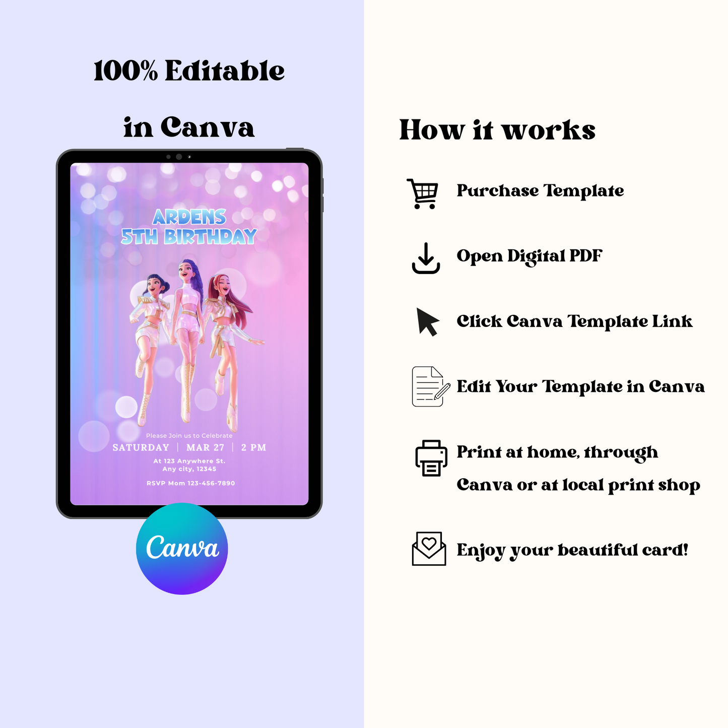 Kpop Demon Hunter Birthday Invitation, KPop Huntrx Birthday Party Invite, Digital Editable Template, Kpop Concert Birthday Printable