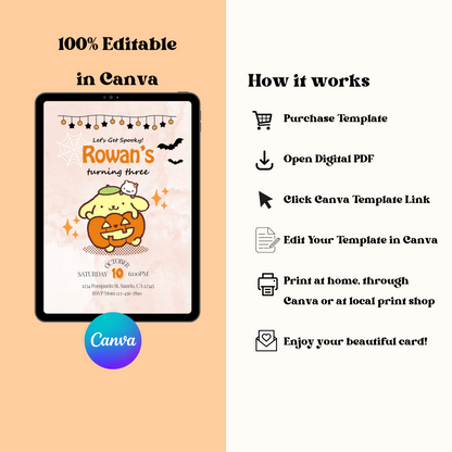 Halloween Pompompurin Birthday Invitation, Cute Sanrio Pumpkin Invite, Spooky Kawaii Kids Birthday Party Printable, Editable Template, Instant Download 5x7