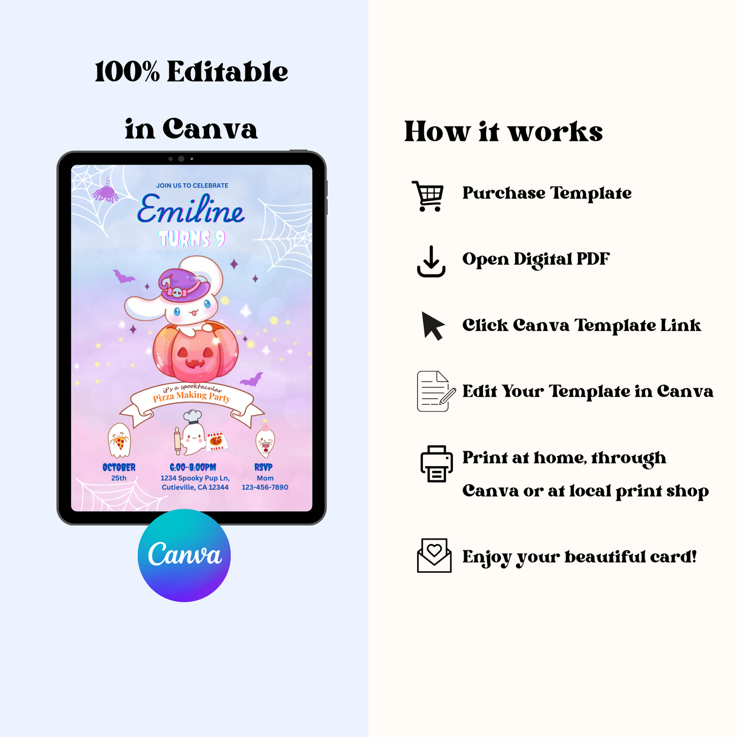 Halloween Cinnamoroll Pizza Party Birthday Invitation, Cute Sanrio Pumpkin Invite, Spooky Kawaii Kids Birthday Party Printable, Editable Template, Instant Download 5x7