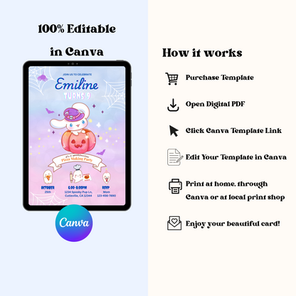 Halloween Cinnamoroll Pizza Party Birthday Invitation, Cute Sanrio Pumpkin Invite, Spooky Kawaii Kids Birthday Party Printable, Editable Template, Instant Download 5x7