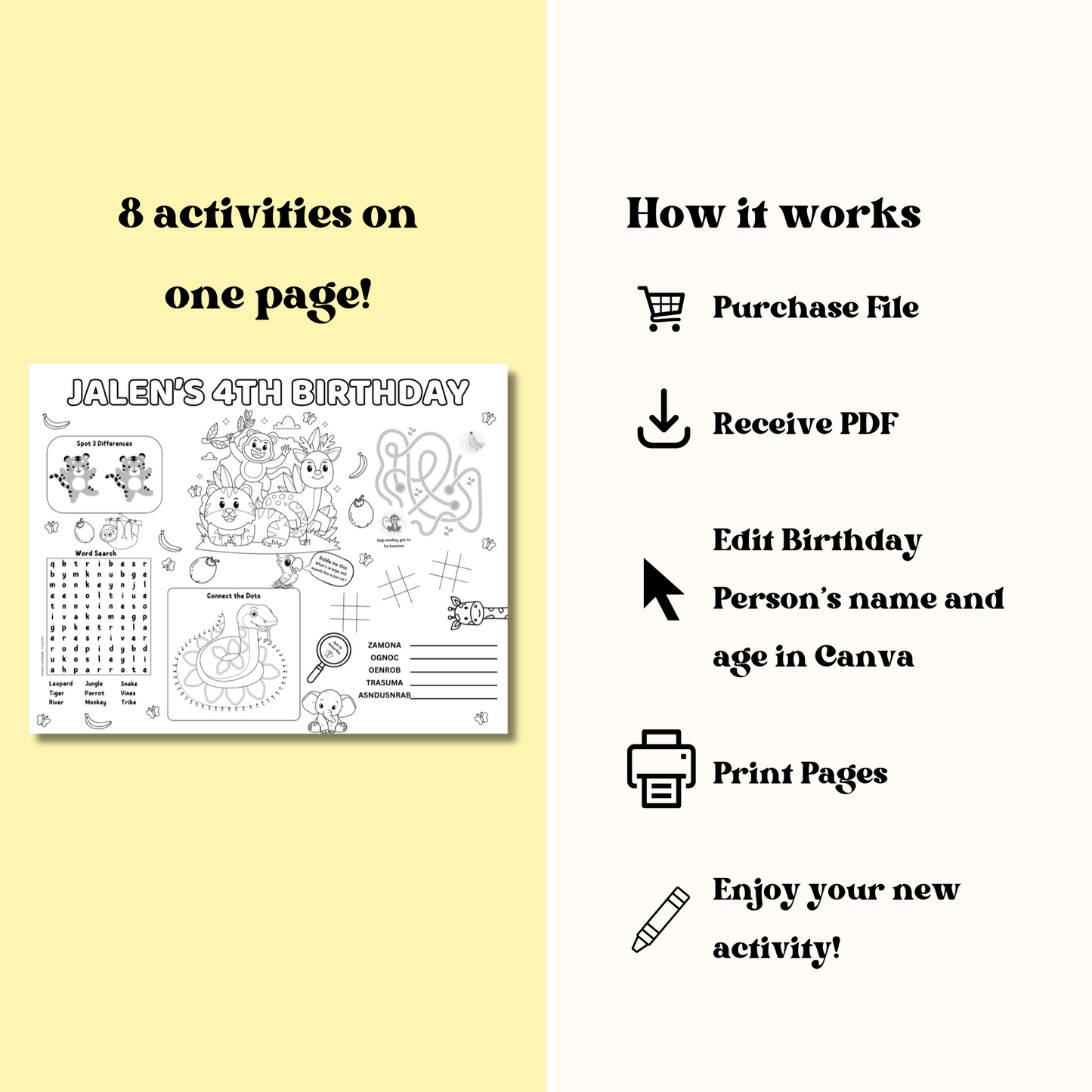 Jungle Editable Activity Placemat, Wild Animals Safari Birthday Party Activity Page Template, Kids Placemat Black & White