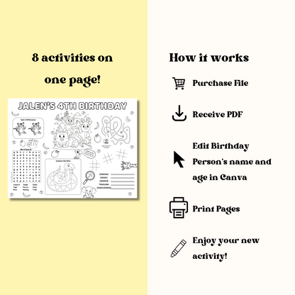 Jungle Editable Activity Placemat, Wild Animals Safari Birthday Party Activity Page Template, Kids Placemat Black & White