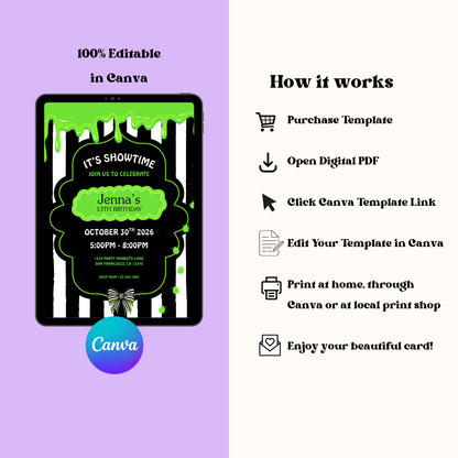 Beetle-Themed Halloween Birthday Invitation 🪲 | Spooky It’s Showtime Editable Party Invite