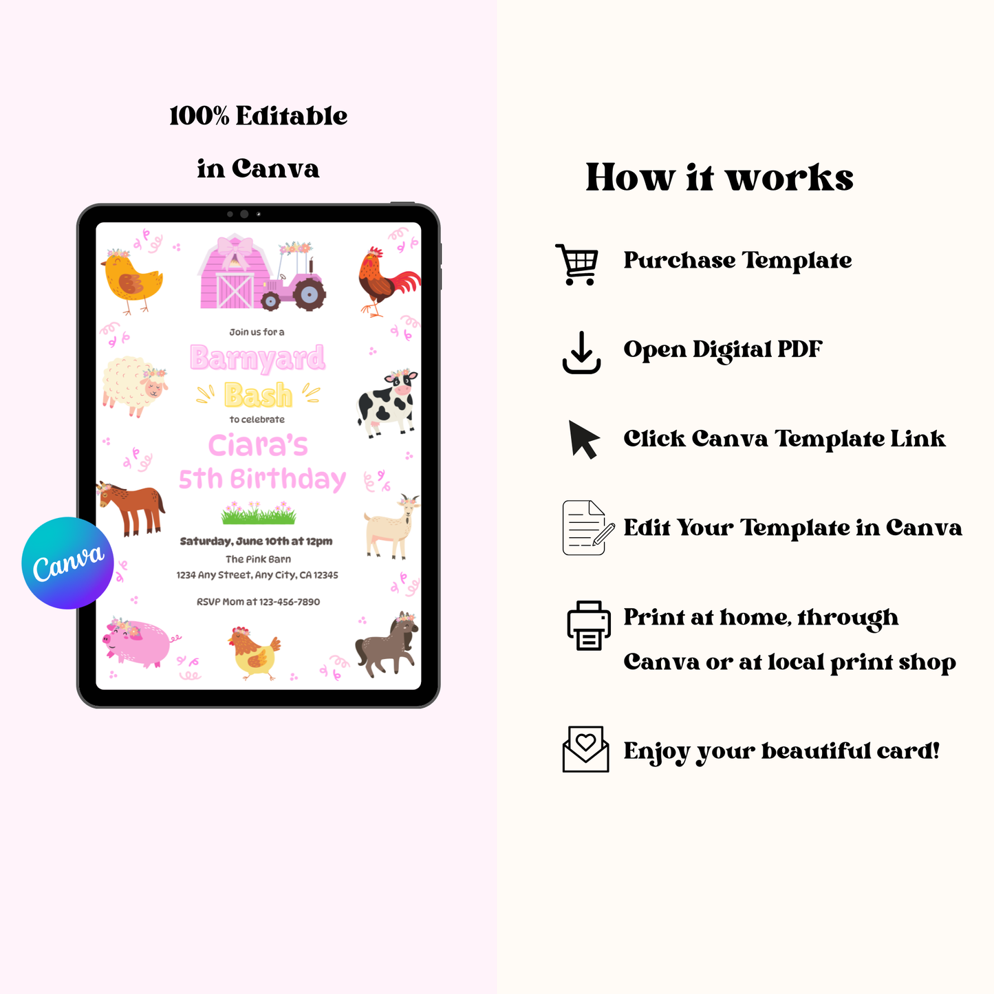 Farm Animals Birthday Invitation: Barnyard Bash Birthday Party Invite, Pastel Farm Animal Themed Invitation (Digital Download 5x7)