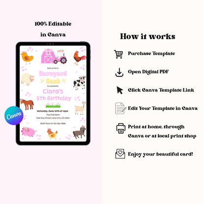 Farm Animals Birthday Invitation: Barnyard Bash Birthday Party Invite, Pastel Farm Animal Themed Invitation (Digital Download 5x7)