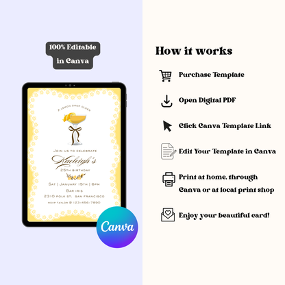 Lace & Lemon Drops Invitation: Editable 5x7 Birthday Invite (Digital Download)