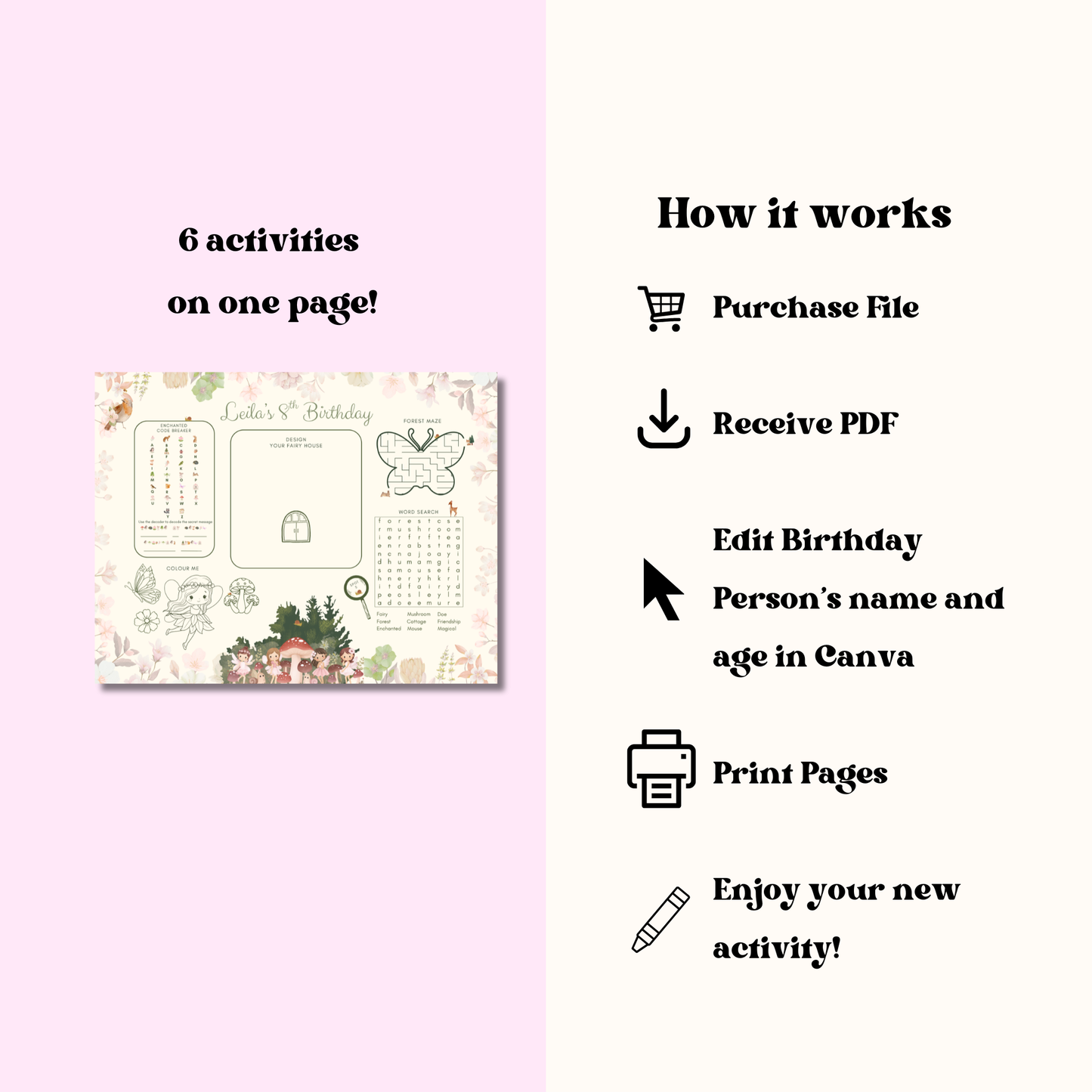 Enchanted Forest Birthday Party Placemat: Woodland Fairy Printable Activity Sheet In Color Instant Download