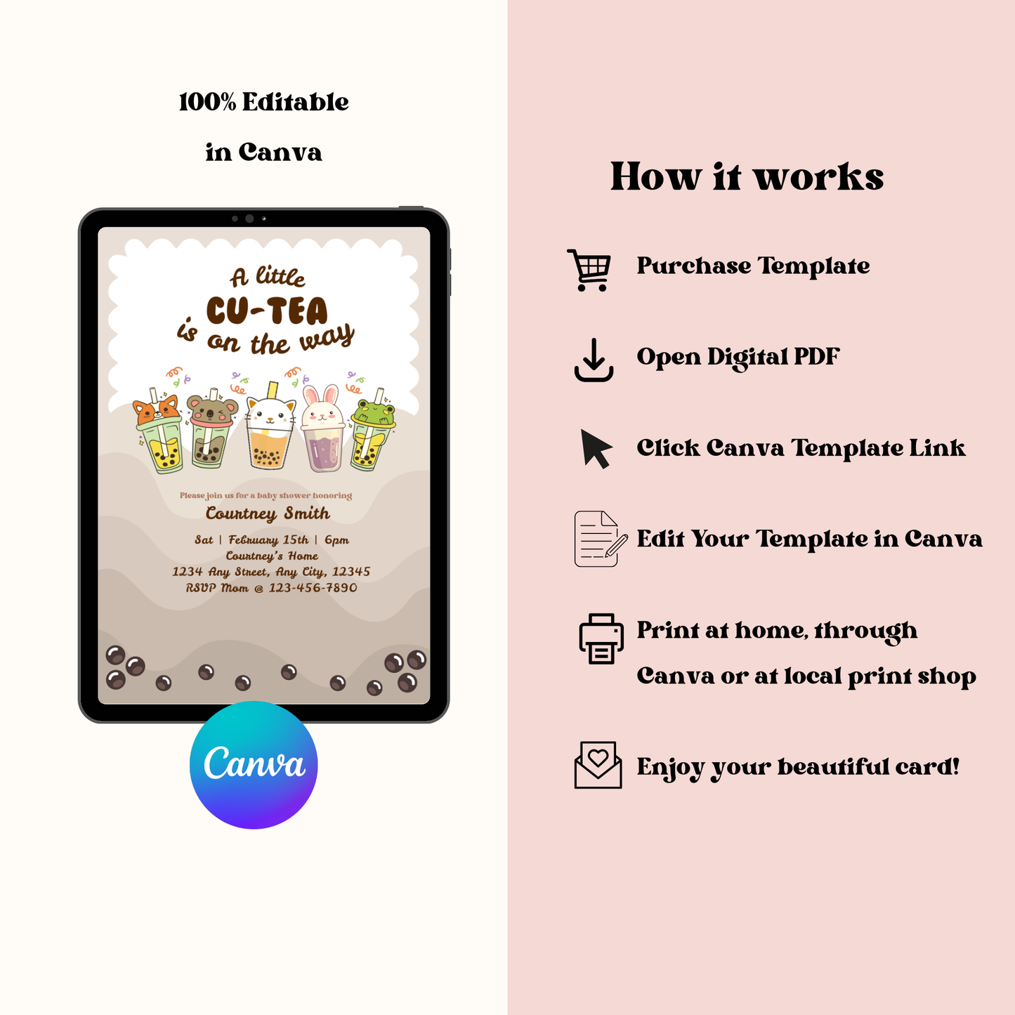 Boba Cu-Tea Editable 5x7 Birthday Invite (Digital Download)