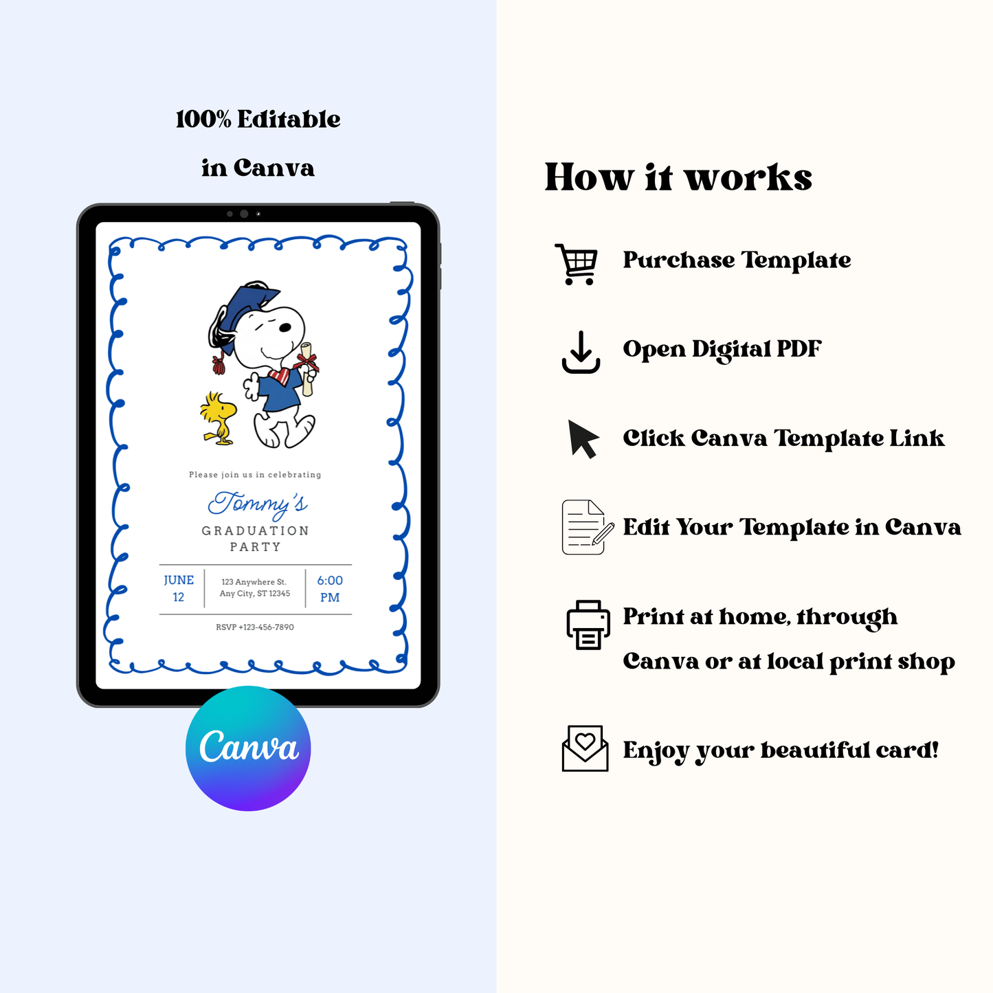 Snoopy Graduation Invite 5x7 Instant Download