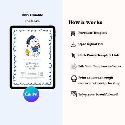 Snoopy Graduation Invite 5x7 Instant Download