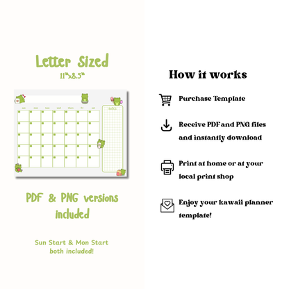 Cute Frog Monthly Planner | Printable | Instant Download