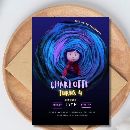 Coraline Birthday Invitation Editable, Coraline Jones Party Invitation, Spooky Coraline 5x7 Invite Printable