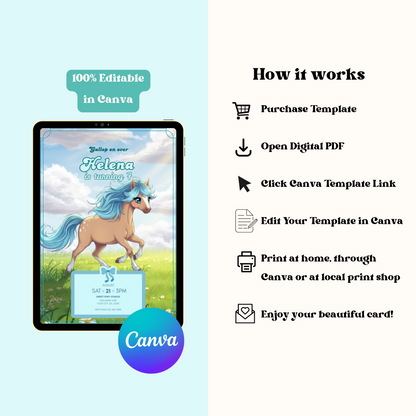 Horse Editable Birthday Invitation, Beautiful Horse Invitation, Cute Gallop on Over Invite, Instant Download 5x7