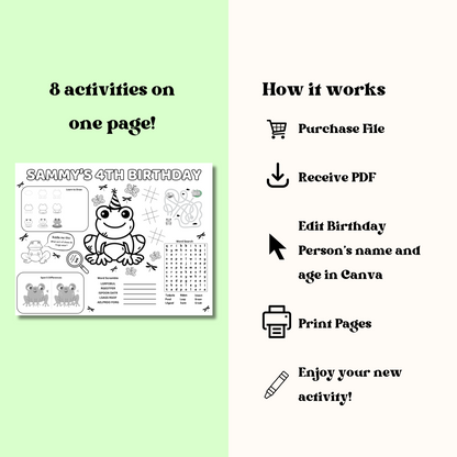 Frog Editable Activity Placemat, Kids Firefighter Birthday Activity Page Template Black & White