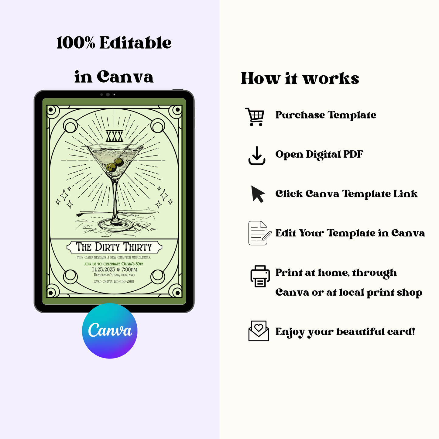 Dirty Thirty Tarot Invitation: 30th Birthday Party, Art Deco Mystical Themed Invite (Digital Download)