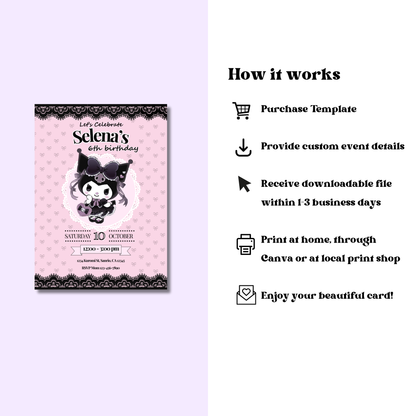 Kuromi Coquette Birthday Invite Editable, Printable Sanrio Invitation 5x7 Instant Download