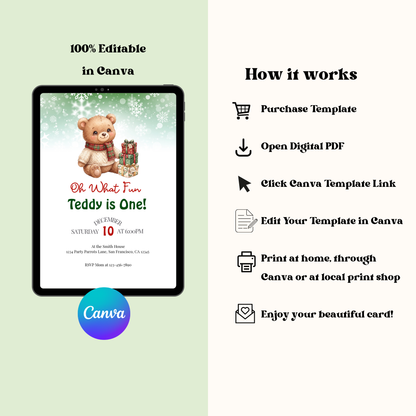Oh What Fun, Teddy Is One! Christmas Teddy Bear First Birthday Invitation – Editable Canva Template
