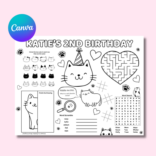Cat Editable Activity Placemat, Kitty Cat Birthday Activity Page Template Black and White